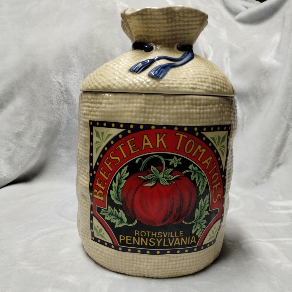 Hearth and Home Designs 1988 Beefsteak Tomatoes Burlap Sack Ceramic Canister Jar
